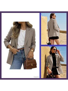 Oversized Plaid Tweed Blazer Boyfriend Jacket Work Casual